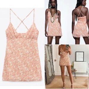 Zara Floral Print Lined Mini Slip Dress | Size M Peach Pink Summer Sundress